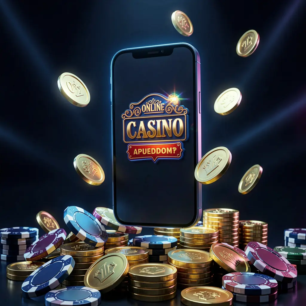BDT 6 online casino app promotion banner showing a phone floating above golden coins and poker chips with a dark blue and black background and cinematic neon glow in a realistic 3D render