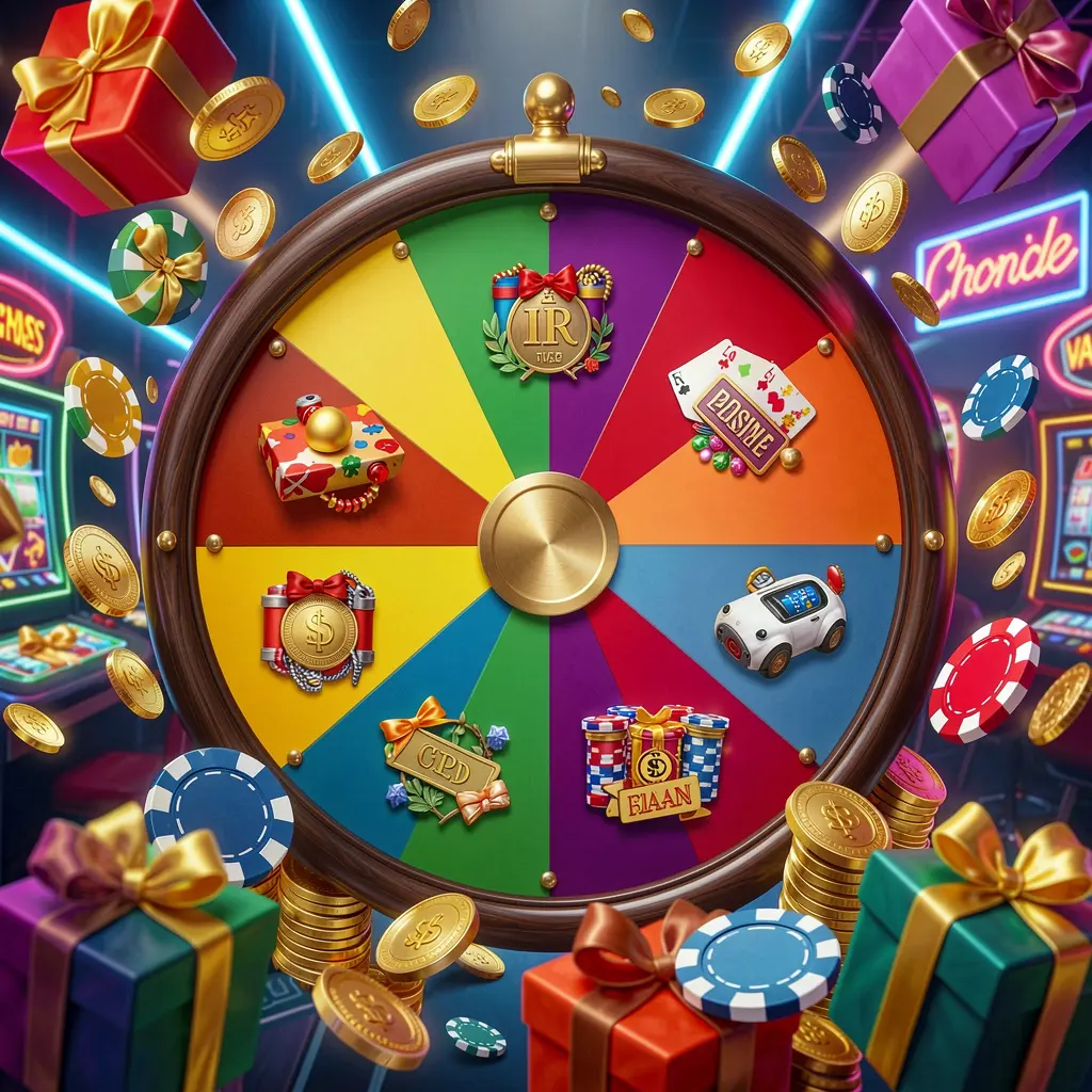 BDT 6 casino bonus wheel with colorful prize sections, surrounded by golden coins, chips, and gift boxes under bright neon casino lights in a dynamic composition