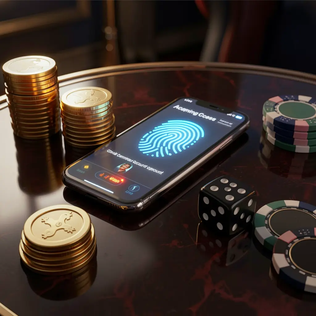 BDT 6 online gaming account access scene showing a smartphone with a glowing fingerprint icon surrounded by golden coins, dice, and poker chips on a glossy table with cinematic lighting