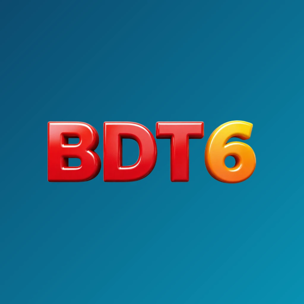 Vibrant BDT 6 logo design featuring bold heavy typography in bright red, yellow, and orange with a glossy 3D effect, showcasing energetic modern branding in a wide horizontal rectangular wordmark on a transparent background