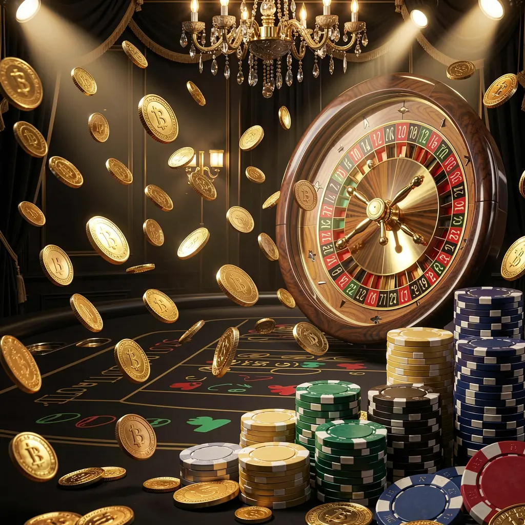 BDT 6 online casino main page background featuring dramatic casino lights, golden coins flying, stacked poker chips in the foreground, and a roulette wheel behind in a luxury black and gold atmosphere